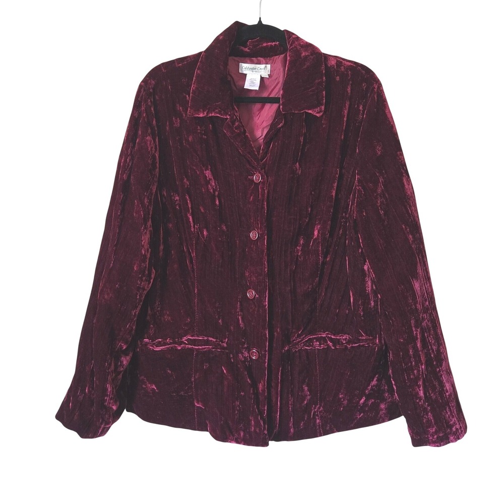 Coldwater Creek 1X Blazer Women Burgundy Crushed Velvet Button Front Jacket